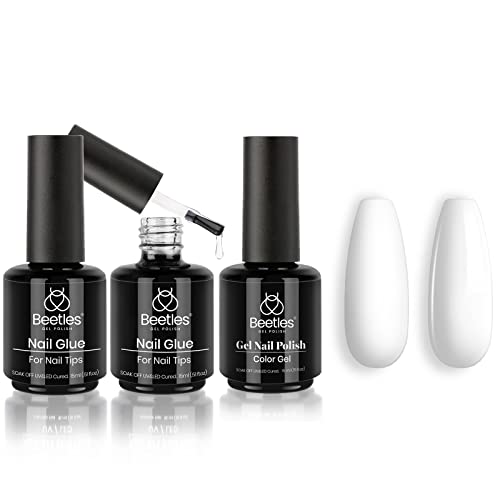 beetles Gel Polish 2 in 1 Nail Glue and Base Gel Kit for Acrylic Nails, 2PCS 15ML Super Strong Brush On Nail Glue Gel for False Nails, 15ml White Color Soak Off Gel Polish
