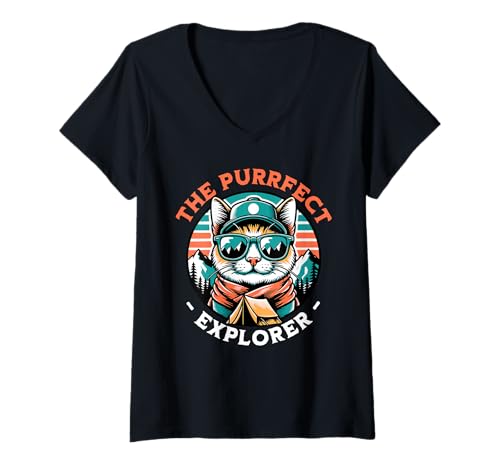 Mujer ¡El explorador Purrfect! Funny Cat Group Camping Vacaciones Camiseta Cuello V