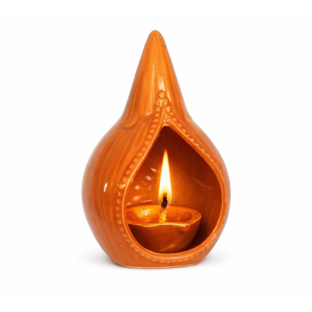 AL- BISMI Ceramic Oil Lamp for Pooja Room, Diya Lamp, Karthika Vilakku, Pack of 1 with Free Thread Wicks (Small Coconut Shape)-image-8