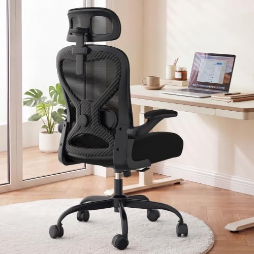 Image of Ergonomic Office Chair for Long Hours and Back Pain Relief, Space-Saving Design with Adjustable Lumbar Support, Flip-Up Arms, 3D Headrest, Tilt & Rock, 330 LBS, Black /Carbon Fiber