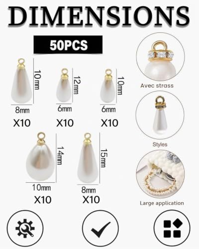 TOZBLEU pendentifs en perles rondes imitation goutte d'eau blanche - 50pcs Blanc Perle Pendante Pendentif à Breloques,pour la fabrication de bijoux, boucles d'oreilles,Bracelet à Bricoler - 5tailles – vue 2
