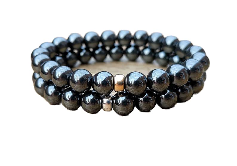 Bracelet couple amoureux hématite 8mm perles rondes lisses set de 2