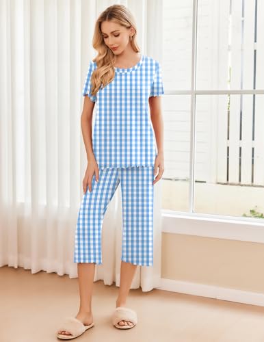 Image of Ekouaer 2 Pack: Women's Pajamas Set Short Sleeve Sleepwear Capri Pants Pjs Soft Loungewear with Pockets