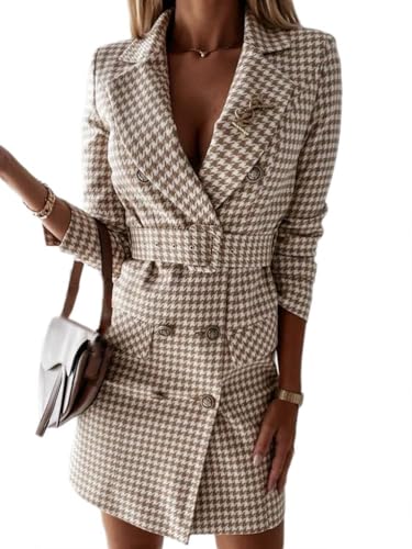 Generisch Blazer - Vestido de invierno para mujer, abrigo a cuadros, manga larga, elegante, de doble botonadura, vestido blazerkleid con cinturón, corte ajustado, cuello de pico, vestido de negocios