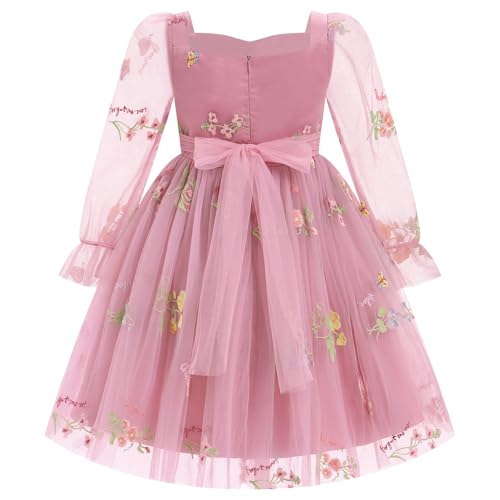 IMEKIS Kids Girls Pink Heart Tulle Dress Mesh Long Sleeve Pageant Formal Tea Party Dresses 3-10T2