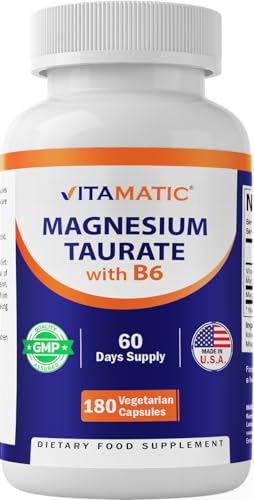 Vitamatic Magnesium Taurate 1500mg per Serving - 180 Vegetarian Capsules (Provides 300 mg of Elemental Magnesium) - Added B6 for Maximum Absorption - Supports Muscle Joint and Heart Health*