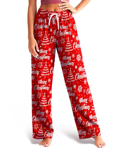 Christmas Pajama Pants Women Soft Comfy Xmas Pj Bottoms Cute Red Plaid Holiday Lounge Sleep Pants with Pockets & Drawstring