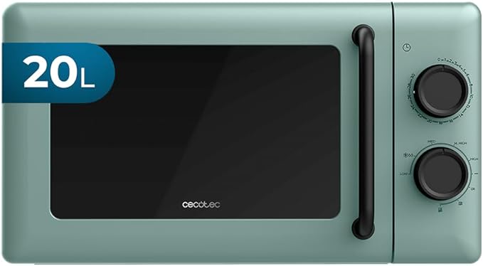 Cecotec Microondas Mecánico con Grill de 20L Proclean 3110 Green 700W en 6 Niveles y Grilll de 800W, Modo Descongelación, Señal Fin de Cocción, Lámpara Interior, Temporizador 30mins, Diseño en Verde