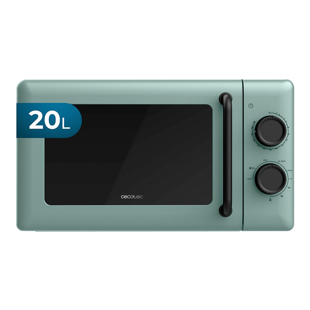 Cecotec Mechanische Mikrowelle mit Grill 20L Proclean 3110 Grün. 700W in 6 Stufen und 800W Grill, Auftaumodus, Garzeit-Endsignal, Innenleuchte, 30-Minuten-Timer, Grünes Design