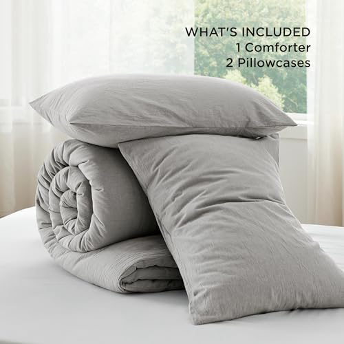 Image of Bedsure Comforter Set King Size - Cotton Fabric with Microfiber Inner Fill, Grey Stone PureWoven Soft Bed Set for All Seasons, 3 Pieces, 1 Comforter (104 inch x 90 inch) and 2 Pillow Cases (20 inch x 36 inch)