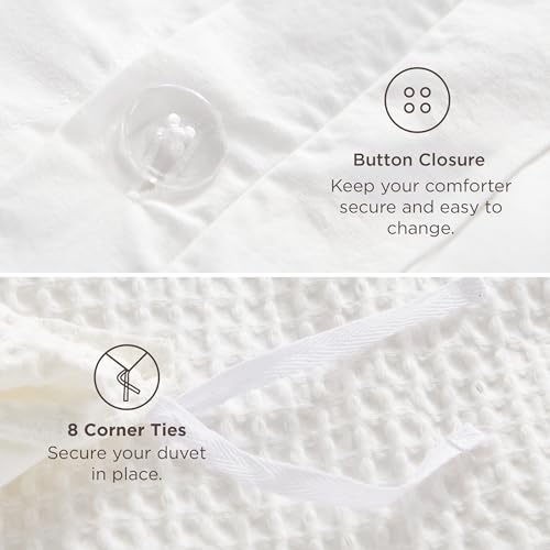 Image of Bedsure 100% Cotton Waffle Duvet Cover Set with Fitted Sheet, Queen, White | Waffle Texture, Breathable, Skin-Friendly, OEKO-TEX Certified, Good Housekeeping Seal, All-Season, Machine Washable