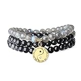 COAI Bracciale Collana Unisex in Ossidiana e Labradorite con Amuleto Taiji, Bracciale Yin Yang Multistrato con Filo Elastico