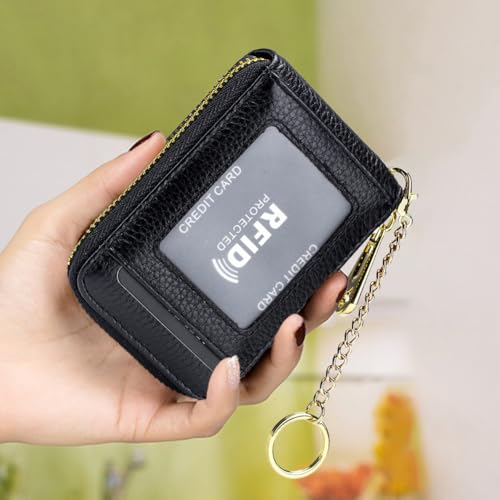 Leather Credit Card Holder Wallet Zipper Cards Cases Pocket KeyChain Wallets RFID Blocking Holder for Men Women,Black