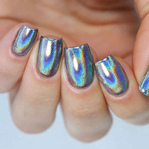 Aegenacess False Nails Fake Holographic Laser Silver Blue Square Shiny Glossy Press on Nail Art Full Cover Acrylic Tips for Women Girls (Fingers)