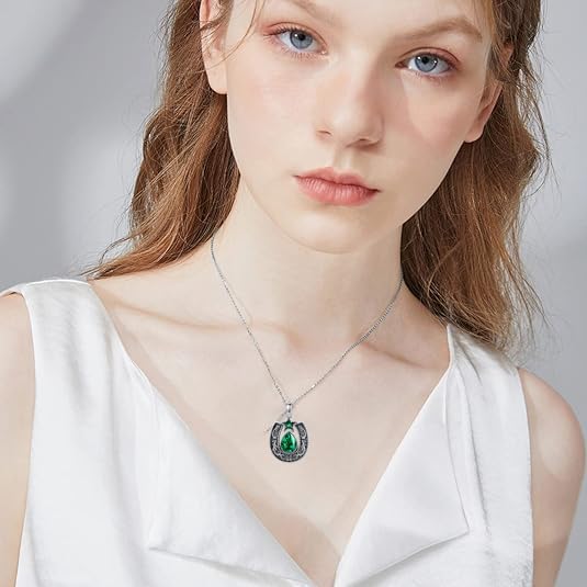 Western Style Lucky Horseshoe with Gemstone Necklace 925 Sterling Silver Retro Filigree Horseshoe Birthstone Pendant with 18+2 Inch Chain for Women - Image 4