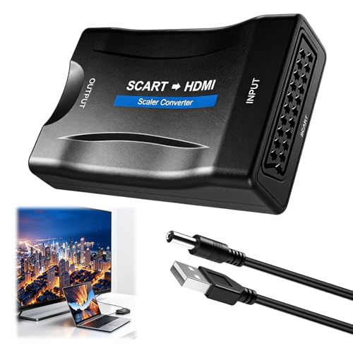 VivaStride Adaptador Euroconector a HDMI 1080P/720P, Conversor SCART a HDMI para TV y Monitor, Convertidor VHS a Digital Compatible con Reproductor DVD PS3 Xbox Consolas Antiguas, Cable USB Incluido
