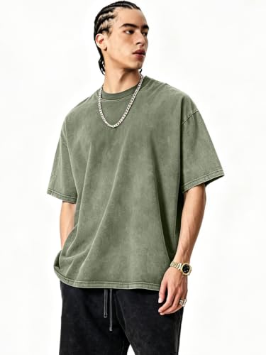 KEEPSHOWING Oversized Tshirts for Men Acid Wash Crewneck Cotton Graphic Tees Basic Short Sleeve Loose Fit Tops 2026(AG-L) Army Green — view 3