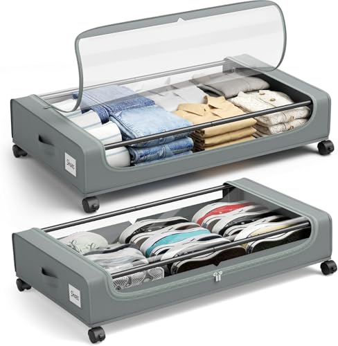 PHINOX Lot de 2 boîtes de rangement sous le lit avec roulettes, bacs de rangement à chaussures avec fenêtre transparente renforcée, grand tiroir de rangement sous le...