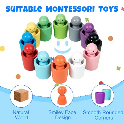 Image of 12PCS Color Sorting Dolls with Wooden Bowls - Matching Games for Toddlers Kids Boys Ages 3-6 - Sensory Training, Math Learning & Montessori STEM Activities
