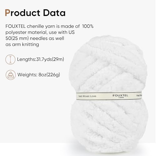 Image of 8 Jumbo Packs Chunky Chenille Yarn for Crocheting, 31.7 yds, 8 oz Each Skein Bulky Thick Fluffy Yarn for Knitting, Super Bulky Chunky Yarn for Hand Knitting Blanket, Soft Plush - White