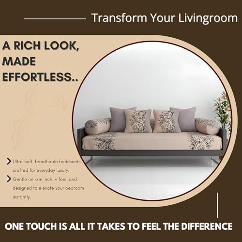 Image of Homes Vibrant Color and Printed Microfiber Diwan Set of 8 Pieces Combo with Cushions for Living Room, 1 Single Bedsheet, 5 Cushion Covers, 2 Bolsters Covers (Beige)