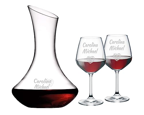 MASTERLASER3.0 Set 6 Bicchieri Vino e Decanter Personalizzati - Calici Vino Rosso e Caraffa Incisi - Personalizzabili con nomi, iniziali e data. Migliore idea regalo (Set Decanter + 6 calici Rosso)