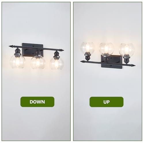 Image of 3-Light Bathroom Light Fixtures Matte Black Vanity Light Over Mirror Modern Vanity Lighting with Clear Glass Globe Vintage Wall Sconce for Kitchen Living Room Hallway Bedroom
