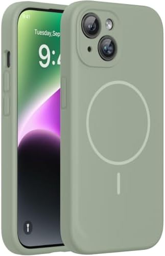 Miracase für iPhone 14 Hülle mit MagSafe [weiches, kratzfestes Mikrofaser-Innenfutter], Flüssigsilikon-Hülle, Stoßfester Handyhülle für iPhone 14,Patina Grün