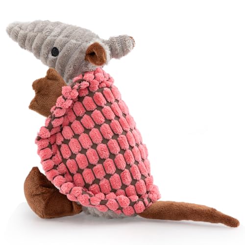 Image of Hollypet Plush Dog Squeaky Toy Stuffed Armadillo Animal Pet Puppy Chew Toys with Clean Teeth for Small Medium Large All Breed Sizes Dogs, Bright Pink,8 in