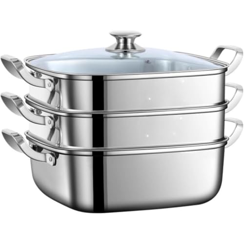 Kovwenz 316ステンレス製 四角形蒸し器 大容量 2層/3段構造 IH・ガスコンロ対応 均一加熱 省エネ設計 手入れ簡単 家庭用 調理器具 (三層:30*30*37cm,ステンレス色)