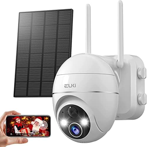 Solar Security Camera Outdoor, EUKI 2K Wireless WiFi Color Night Vision Camera, 2.4G WiFi Solar Security Camera Battery Powered, Home Surveillance Camera with Spotlight & Siren/Motion Detection