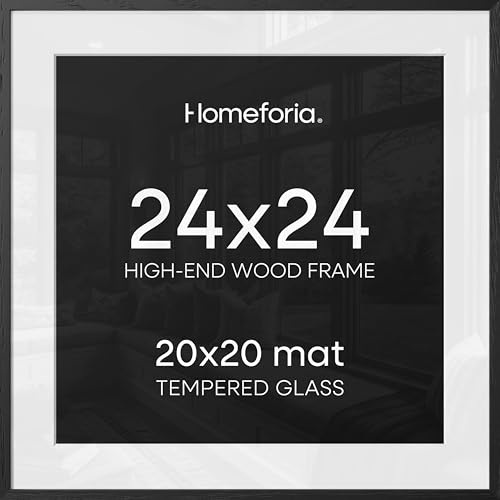 Image of Homeforia 24x24 Black Wood Frame, High End Oak 24 x 24 Square Picture Frames with Mat 20 by 20 inches Photo, 24by24 Black Wooden Poster Frames Matted to 20x20 Print, Tempered Glass, Wall Kit, Set of 1