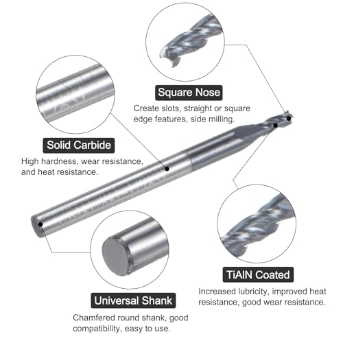 Image of uxcell Carbide Square End Mill, 1 /32 inch Diameter TiAlN Coated 3 Flutes Milling Bit Cutter, for Hardened Steel Stainless Steel Alloy Metal, 1 /8 inch Shank 1 /8 inch Cut Length 1-1 /2 inch Long HRC55