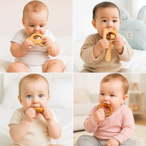 Image of Shark Doo Doo Neem Wood Baby Teether & Rattle Combo (Car, Rattle, Ring & Stick) | Organic & Handcrafted | Chemical-Free, Antibacterial Teething Toy for Babies