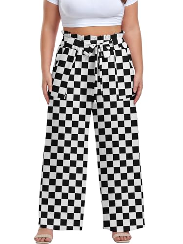 Image of OLRIK Women's Plus Size Pants Adjustable High Waisted Wide Leg Palazzo Pants Casual Trousers with Pockets Spring Clothes