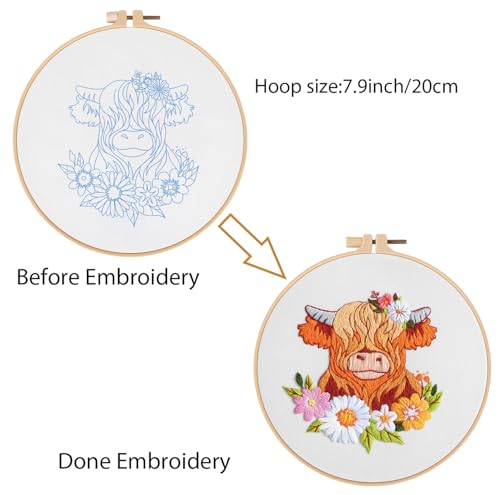 Image of Louise Maelys Highland Cow Embroidery Kit for Beginners Floral DIY | Cross Stitch Kits Offer a Complete Set for DIY Lovers. Needlepoint Kit for Beginners and Adults to Explore Creative Hobbies