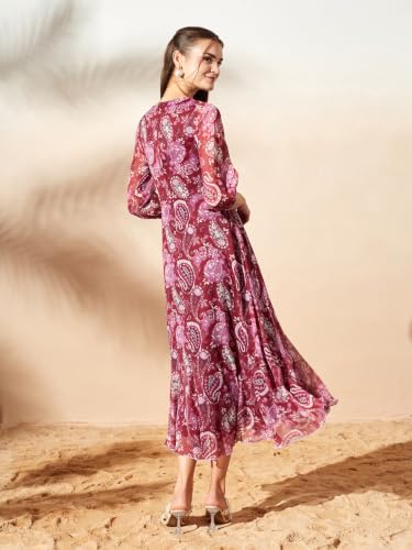 Image of Miss Chase Women's Multicolored Black Floral V-Neck 3 /4 Sleeve Wrap Chiffon Midi Dress