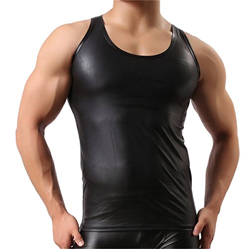 YUFEIDA Men's Faux Leather Vest Undershirt Tank Top Sleeveless Shirt Waistcoats3