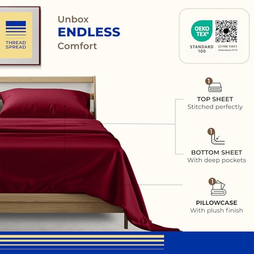 Image of THREAD SPREAD Twin Size Bed Sheets Set, Luxury 1000 Series 100% Egyptian Cotton Sheets Twin Size (3 PC, Burgundy), Silky Soft, Cooling, Sateen Weave, 16 inch Deep Pocket Hotel Quality Sheet Set