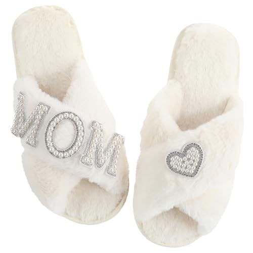 Mom Slippers for Women Fuzzy House Slippers with Pearls Gift for New Mom Mothers Day Gift from Daughter Son2