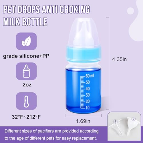Futtermilchflasche-Set für Welpen, Flaschen zur Kätzchenfütterung, Haustierflasche mit Messskala für die künstliche Aufzucht von Neugeborenen (Blau, 60ML)