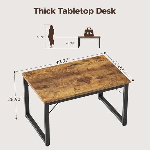 Image of 40 Inch Computer Desk, 1 inch Thick Small Office Table, Brown | Modern Simple Style, Heavy Duty Industrial Frame, Small Study & Writing Table for Home Bedroom Work