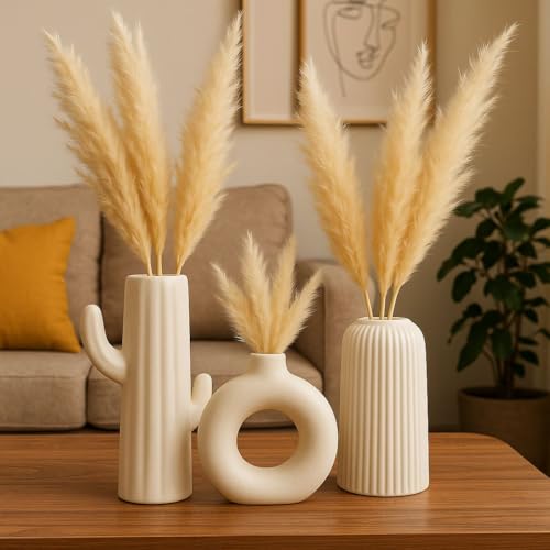 Image of Ceramic Flower Vase | Pampas Grass Vases Set | Home Decor Centrepiece | Decor Showpiece (Pack of 3) (Shape- Donut, Cactus, Bottle(Size- 6, 8, 6 Inch)