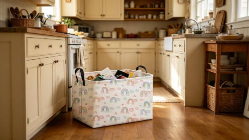 Image of Sanjiaofeng Rectangular Rainbow Basket,Storage Bins with Handles,Dirty Clothes Basket,Rainbows Room Decor(Big Rainbow)
