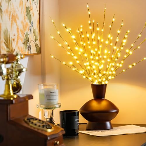 Image of DK177 2 Pack Led Branch Light Battery Operated Lighted Branch Vase Filler Willow Tree Artificial Little Twig Power Golden 30 Inch 20 LED for Home Romantic Decoration (Gold-Warm White)