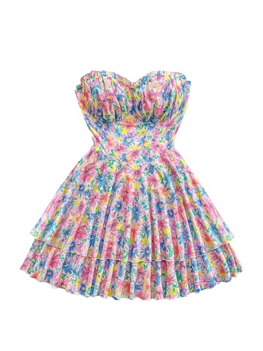Floral Strapless Summer Dress, Smocked Bodice, Tiered Ruffle Skirt, Pink and Blue Watercolor Print