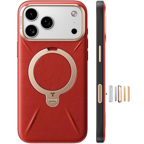 Image of TORRAS Q3 VegSkin for iPhone 17 Pro Max Case Leather, 360 Spin Magnetic Stand, Fit for MagSafe, Camera Control, Shockproof Premium Organic Silicone Leather Case for iPhone 17 Pro Max, Crimson Red