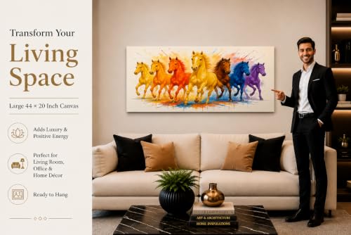 Image of 7 Horse Vastu Sunrise Canvas Painting | Positive Energy Wall Decor | Big Size Premium Running Horses Artwork for Home, Office & Hall Decoration (Modern, Yellow Horse, 44x20 Inch)