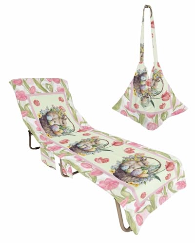 Rabbit Tulip Beach Chair Towel Covers for Chaise Lounge with Side Pocket, Soft Plush Pool Towels Cover for Patio Sunbathing Outdoor 29''x85'' Easter Rabbits Botanical Red Flower Leaves
