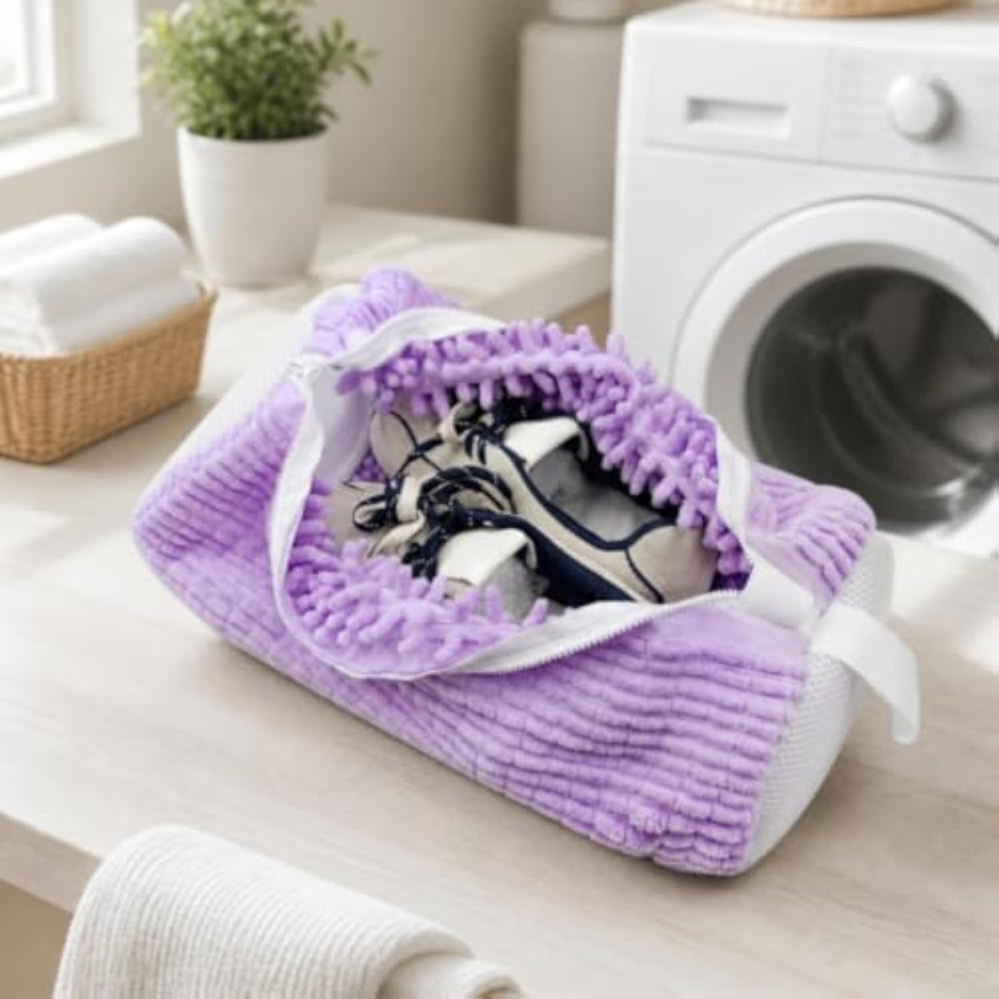 Cylindrical Shoe Washing Bag with Padded Zipper and Mesh Ends